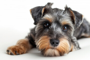 Adorable schnauzer puppy dog with bearded face and expressive eyes posing as a cute small pet.