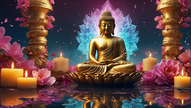 beautiful figure of golden Buddha, flowers