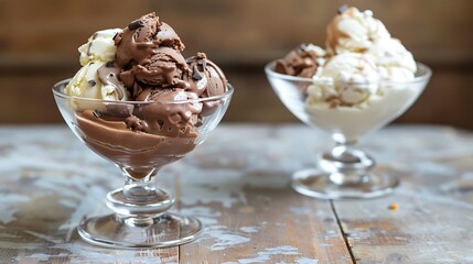 Chocolate and vanilla ice cream sundaes in classic glass bowls