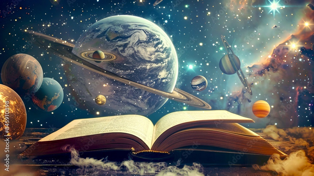 Poster abstract image showing an open book with planets and stars. fantasy artwork blending elements of lit