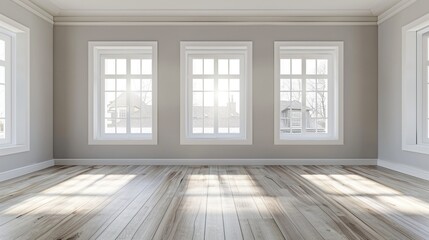Obraz premium Bright empty room with large windows and wooden floor. Sunlight streaming through the windows creates patterns on the floor. Modern and minimal interior decor. 