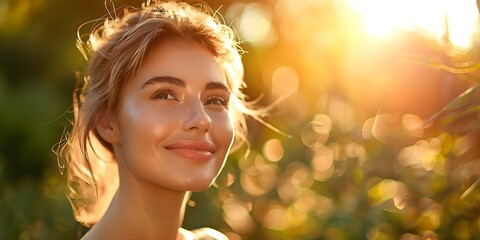 Fototapeta premium Woman radiating in sunlight after skincare routine dedication displaying glowing complexion. Concept Skincare Routine, Radiant Skin, Glowing Complexion, Sunlight, BeautyPortrait