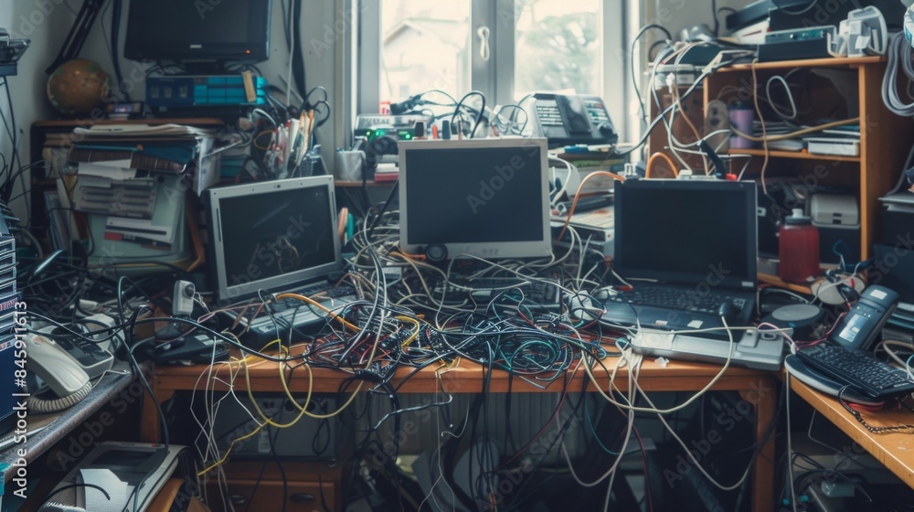 Poster a cluttered desk with multiple electronics and a tangled mess of wires. the desk is in a room with a