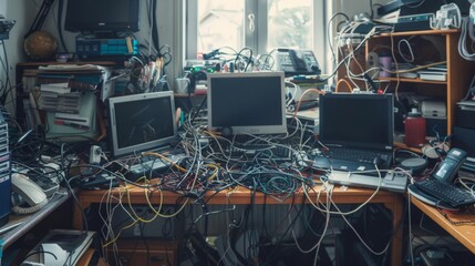 A cluttered desk with multiple electronics and a tangled mess of wires. The desk is in a room with a window and shelves in the background.