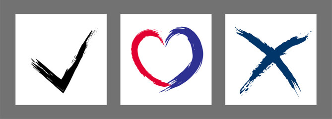 The cross, heart and OK symbol are hand-drawn with a brush. Prohibition, denial, error. Love. Approval, consent. Vector, set of 3 characters