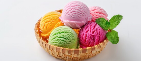 Colorful ice cream balls with mint leaf in waffle basket on white background