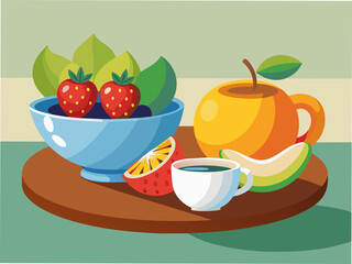 A coffee cup and a bowl of fresh fruit on a table