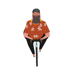 Vector illustration of an overweight male cyclist in a bright beach shirt, sitting on a bicycle, close-up, front view