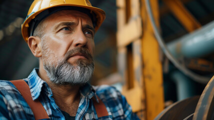 Close up man with a beard and hard hat working in an industrial complex while wearing PPE.