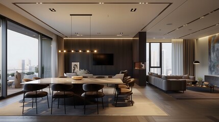  A contemporary home with a spacious dinner area and an adjacent sitting area, both featuring stylish decor and ample natural light
