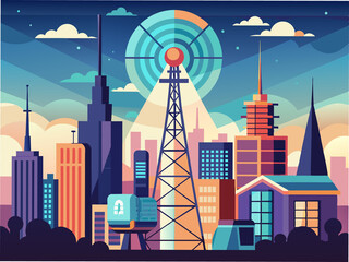 Obraz premium A 5G tower transmitting data in a cityscape