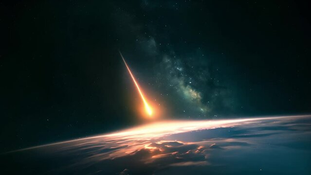 Meteor glowing as it enters the earth atmosphere, An asteroid in the dark sky, Comet, Meteorite falls to the ground against a starry, Meteor rain	