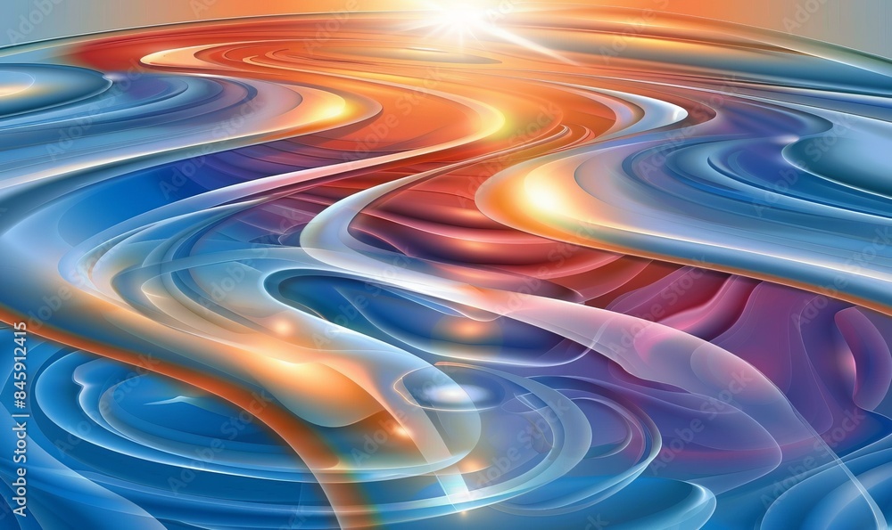 Poster of abstract background of wavy lines in water surface with bright glowing reflection