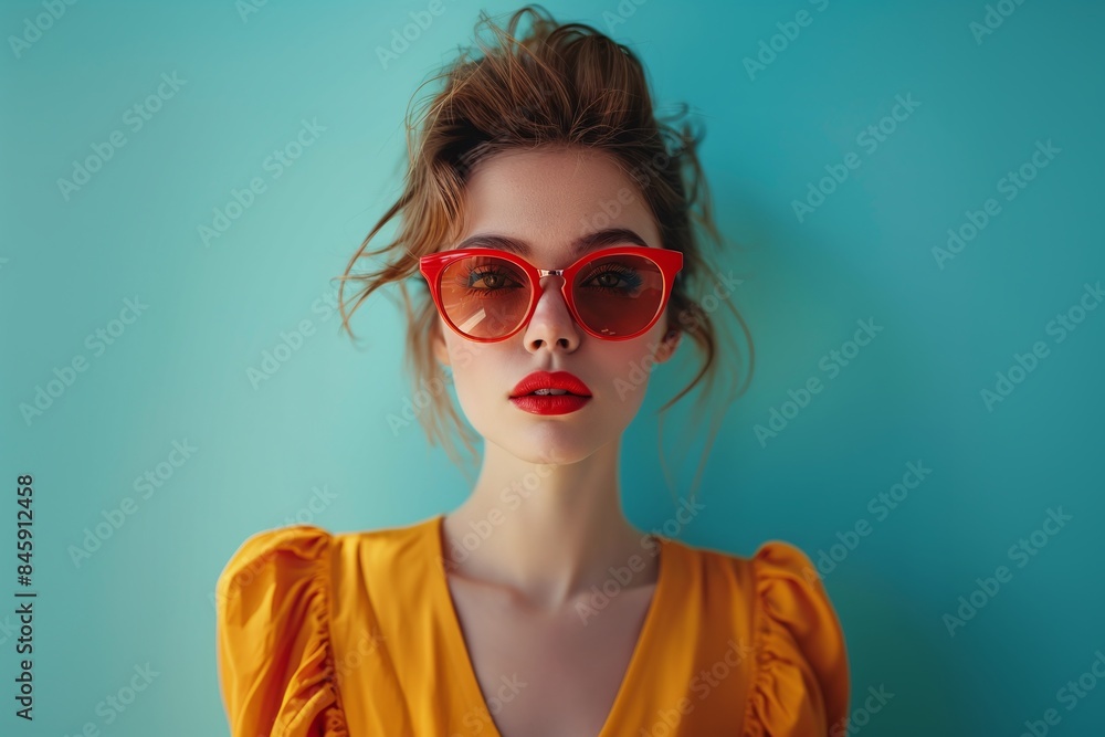 Wall mural woman wearing oversized red sunglasses and yellow dress against turquoise background. studio fashion