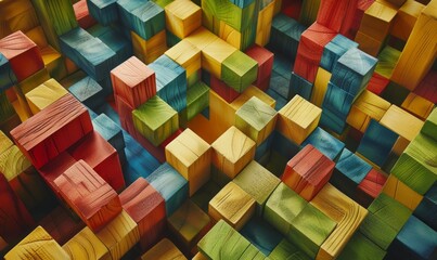 illustration of high angle of wooden colorful labyrinth with geometrical narrow paths with blocks and cubes