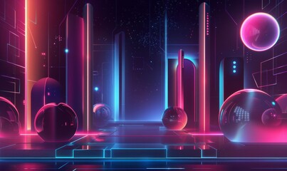 illustration of abstract geometric background with shiny smooth shapes and glowing neon lights in darkness