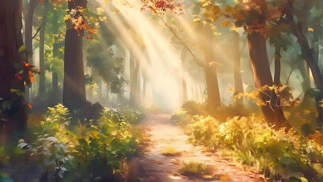 Dreamy surreal fantasy landscape, Lush vegetation and flowers, Mystical forest landscape with dreamy atmosphere	