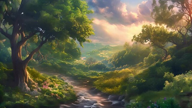 Dreamy surreal fantasy landscape, Lush vegetation and flowers, Mystical forest landscape with dreamy atmosphere	
