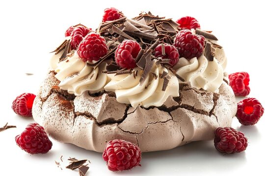 Delicious chocolate pavlova dessert topped with whipped cream, raspberries, and chocolate shavings on white background, white background