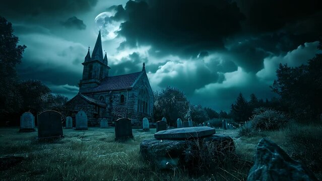 Halloween night by the old church under the moonlit sky. Halloween ghost cemetery with dark clouds. Graves in the cemetery at dusk. Spooky dark night full moon	