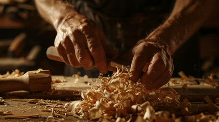 Close-up of hands skillfully working on a wooden project, with wood shavings scattered across a workbench, bathed in warm light.
