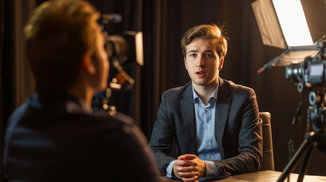 Professional interview set with lighting and cameras focused on a young man discussing or answering questions.