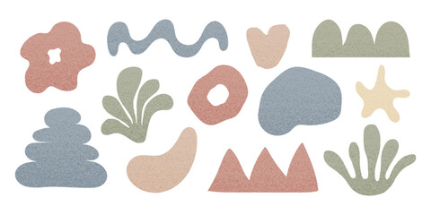 Abstract art natural geometric shapes set. Organic elements with grain noise texture. Modern doodle icons isolated on white. Summer cute plant stones flowers