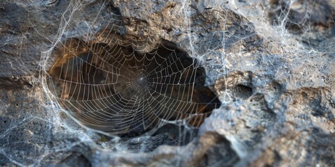Detailed close-up of a spider web intricately woven on a rock surface, with visible threads and patterns.