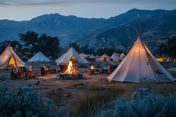 Large communal evening bonfire surrounded by modern western mountain tents. Camping among the mountains in Western America