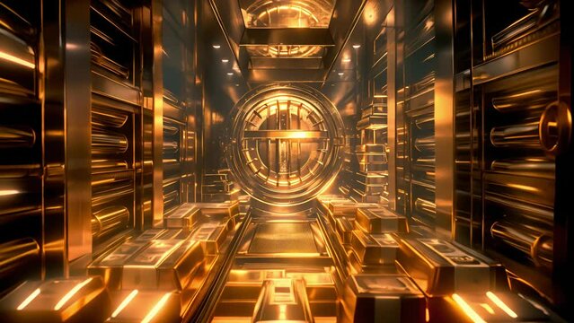 A modern Interior design for a vault filled with cash and gold bars, stacks of cash, shiny gold bars	