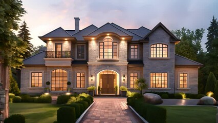 A front view of an ordinary house with an overall warm atmosphere, Extraordinary luxury house	