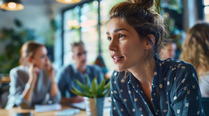 Focused woman in a casual shirt engages in a lively discussion in a bustling office setting, providing insights and ideas.