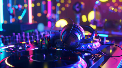 Headphones on a DJ&rsquo;s turntable under neon lights, capturing the pulsating energy and vibrant colors of a nighttime musical event.