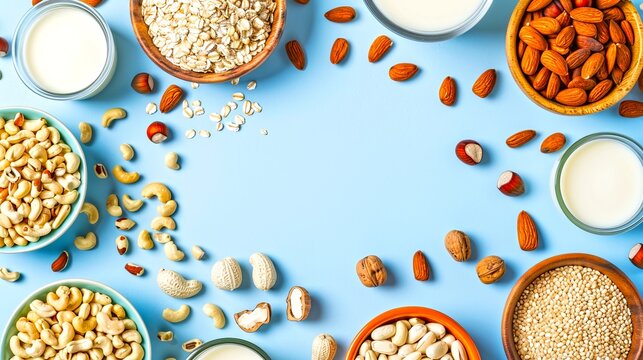 Healthy nuts and seeds on a light blue background. Top view. Perfect for recipe websites or health blogs. Mid-shot with vibrant colors and a bright layout style. Food photography concept. AI