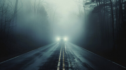 A lone car drives through thick, enveloping fog on an isolated, two-lane road, highlighting an ethereal and mysterious nocturnal scene.