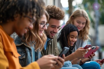 A group of friends sitting on a city street, each looking at their smartphones.