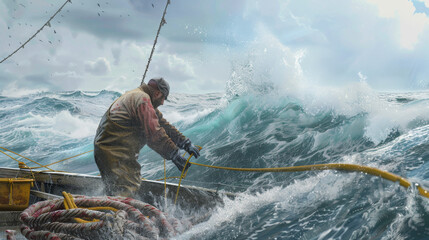 A fisherman battling rough seas on a boat, holding onto ropes as waves crash around, depicting the peril and strength of maritime life.
