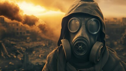 A man in survivor in gas mask, Environmental disaster, Post apocalyptic survivor, Armageddon concept	