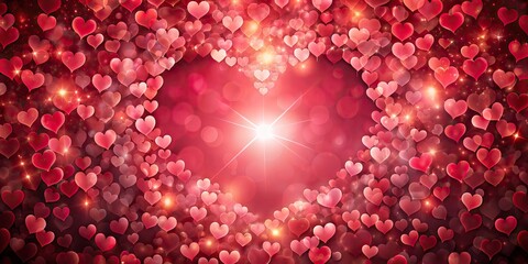 heart shaped arrangement composed red and pink hearts glowing red background love affection