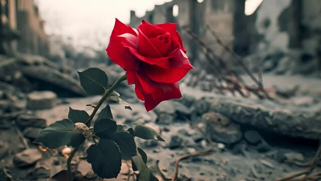 New red rose flower growing in a war zone or ruins