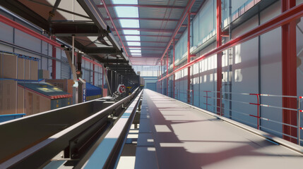An industrial warehouse interior with exposed beams and a conveyor system bathed in sunlight streaming through large windows, reflecting a structured yet dynamic environment.