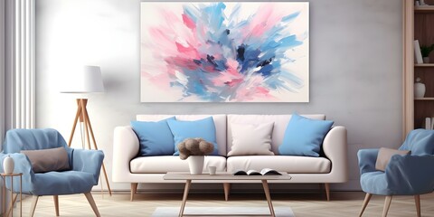 "Vibrant Abstract Art Painting Featuring Pink, Blue, and White Hues on Canvas". Concept Abstract Art, Vibrant Colors, Pink Blue White Hues, Canvas Painting