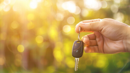 A hand holds out a car key against a backdrop of a sunny, blurred natural environment, emphasizing the notion of new beginnings.