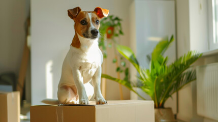 A small dog with attentive eyes sits on top of moving boxes in a brightly lit room, highlighting the excitement of change and new beginnings.