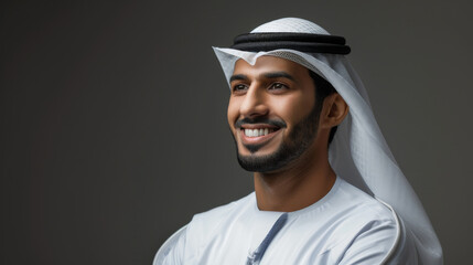 Obraz premium Portrait of a smiling man in traditional Middle Eastern wear, exuding confidence and charm against a dark background.