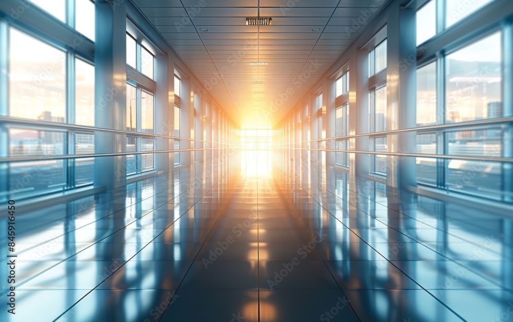 Poster a long hallway with a sunbeam shining through a window. the hallway is empty and the sunbeam is the 