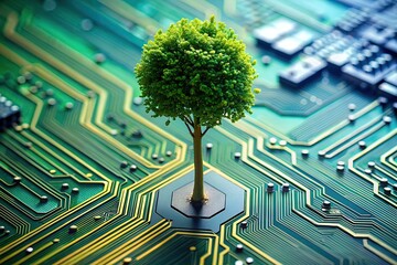 vibrant green tree growing on circuit board symbolizing convergence of nature and technology