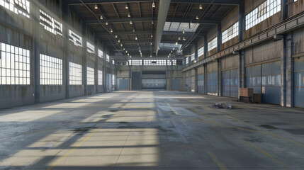 A vast, sunlit industrial warehouse featuring high ceilings with rows of windows, highlighting the textured floor and expansive open area.