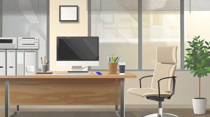 A minimalist office setting with a computer on a wooden desk, an ergonomic chair, and organized stationery, bathed in natural daylight.