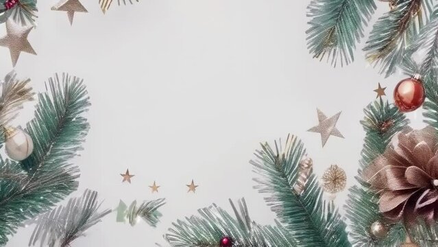 A festive Christmas-themed border with pine branches, ornaments, and stars set against a white background. The decorative items include gold and red baubles, pine cones, and various stars,